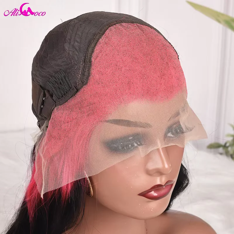 Pelucas frontales de encaje transparente 13x4 con raíces rosas calientes de 180% de densidad, pelucas de cabello humano prearrancadas para mujeres, peluca brasileña