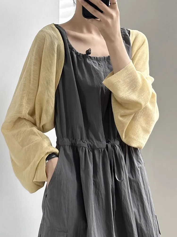Women's Summer Sleeveless Knitted Shawl Cardigan Thin Long Sleeve Bat Wing Sun Protection Outerwear V-neck Casual Straight-cut