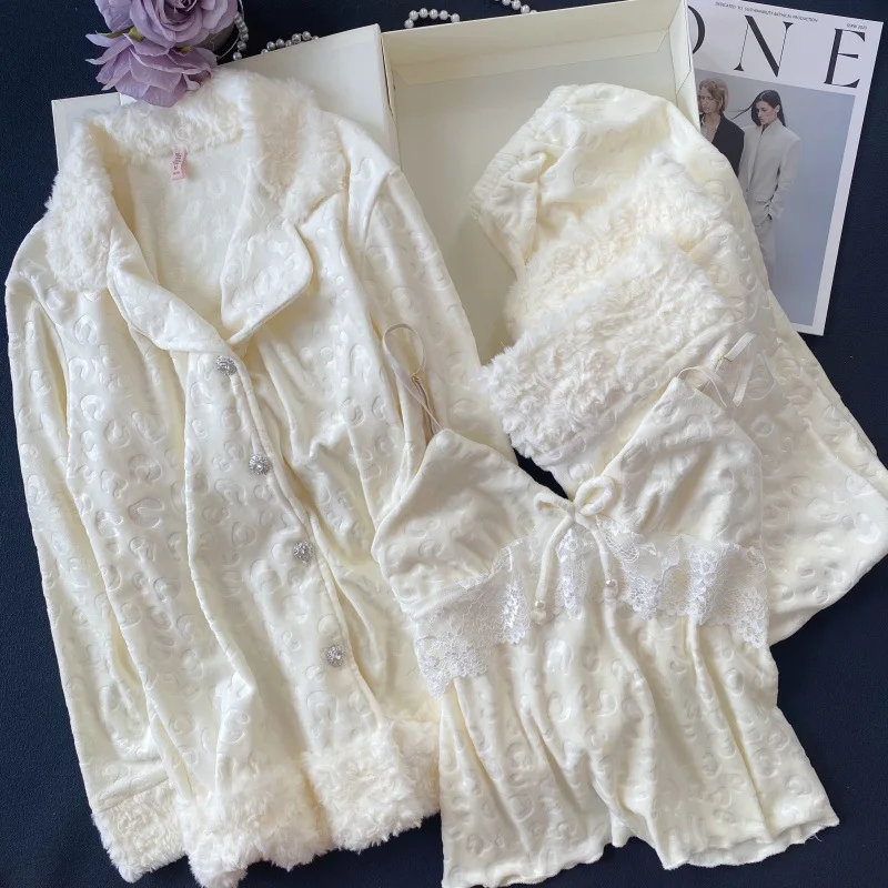 Island Velvet Women's Pajamas 3Pcs Set Loungewear Elegant Sexy Lace Trim Sleepwear Pijamas Suit Loose Casual Home Clothes Pyjama