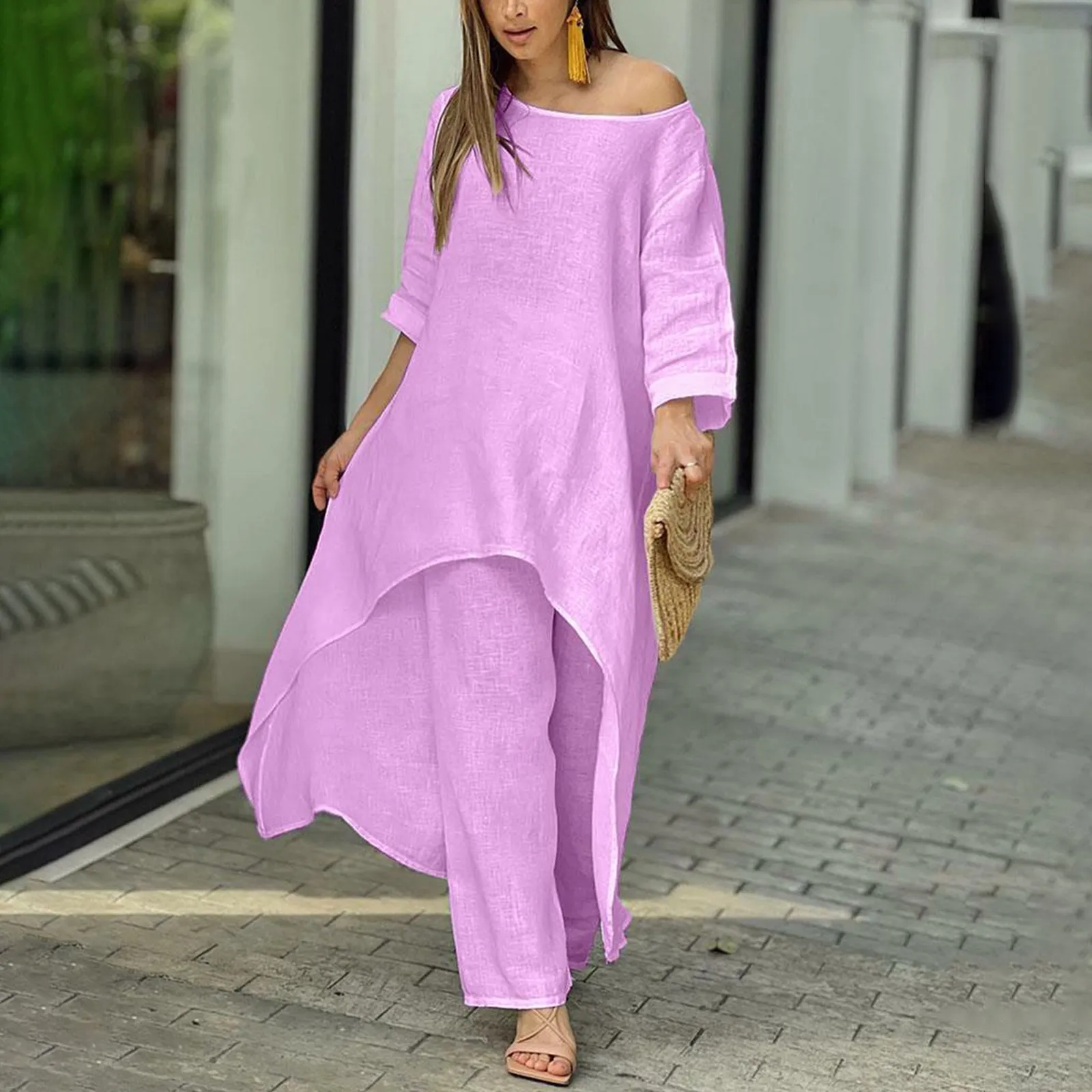 African Clothes 2 Piece Women Set Women Outfits Cotton Linen Suit Long-Sleeved Dress And Pants Loose Trousers Casual Party Sets