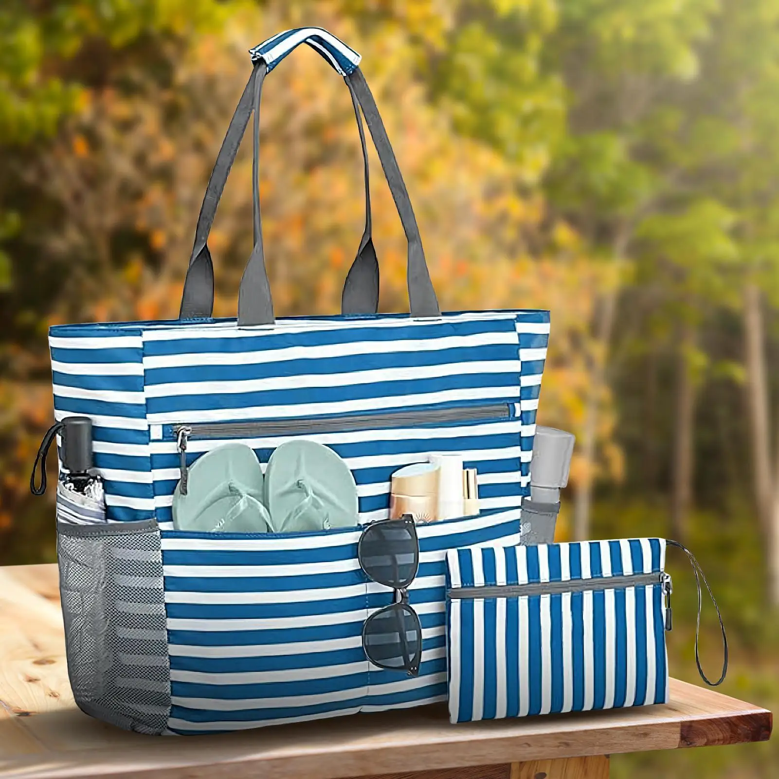 비치 토트백 대형 비치백 동전 지갑 포함 접이식 방수 토트 야외 핸드백 지퍼 포함 출퇴근 데일리용