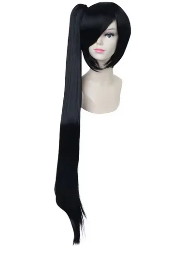 Black Long Straight Synthetic Hair Akali Cosplay Wigs Single Removable Chip Ponytail