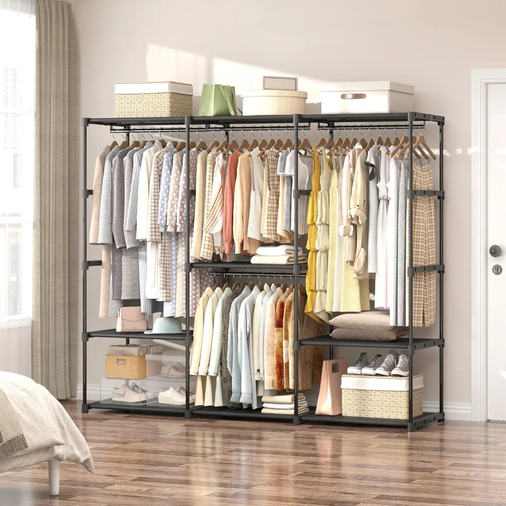

81 Inch Wide Clothing Storage Organizer with 9 Shelves and 4 Hanging Rods, Non-Woven Fabric Cover, Wardrobes