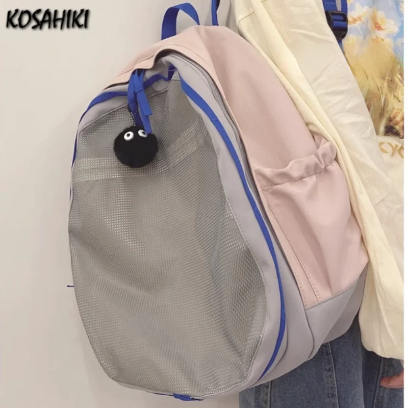 Japanese Ins High-capacity Trendy Backpack Vintage Contrast Color Patchwork Schoolbags Girls Casual Simple Backpacks Women Y2k