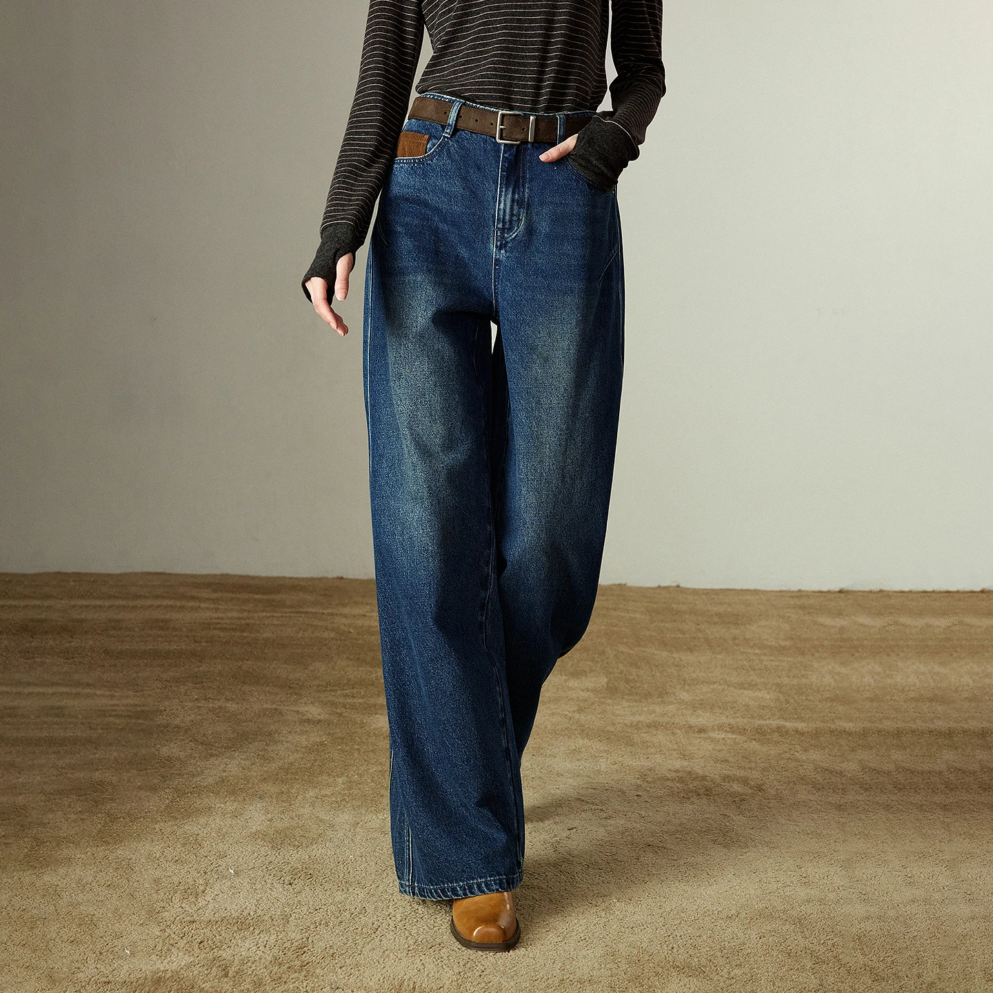 TOYOUTH Women Wide-Leg Pants 2025 Winter New Split Design Contrast Color Splicing Structured Heavy Denim Cotton-Like Jeans