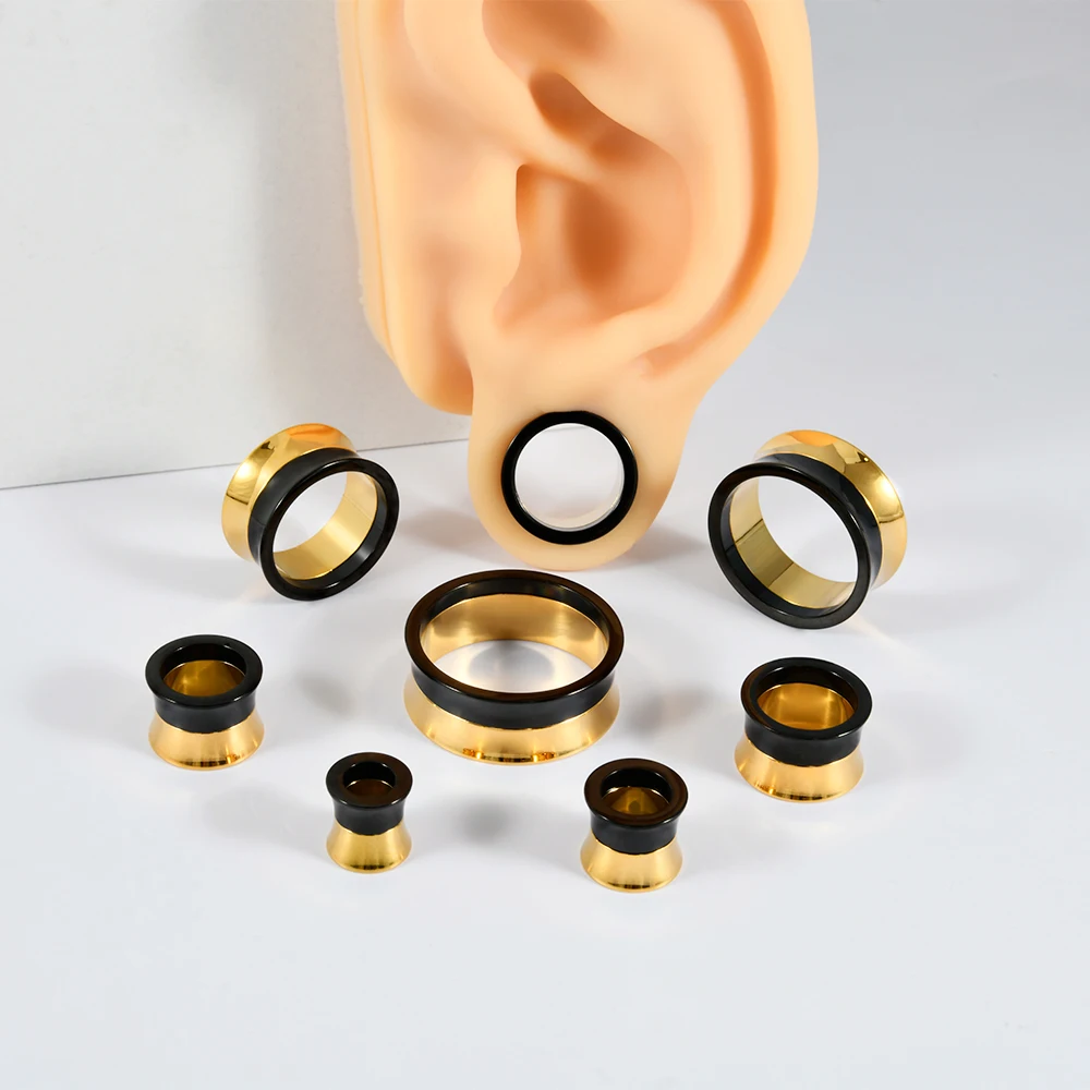 2-1 قطعة 2 في 1 مزدوج اللون أسود وذهبي مجوف متوهج لولبة داخلية أنفاق الأذن مقياس الصلب ستريشر توسيع السرج الأذن المقابس