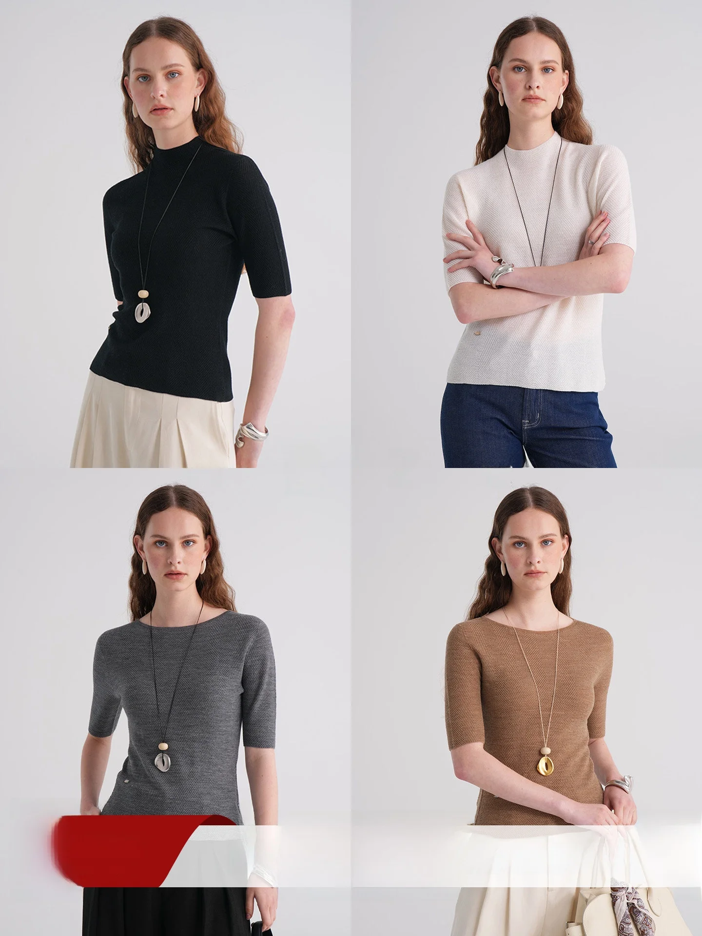 

Haze Water Wave Pattern Knitted Slim Fit Top Women's Casual Sle f High Collar Low round Collar Five Sve Length Base S...