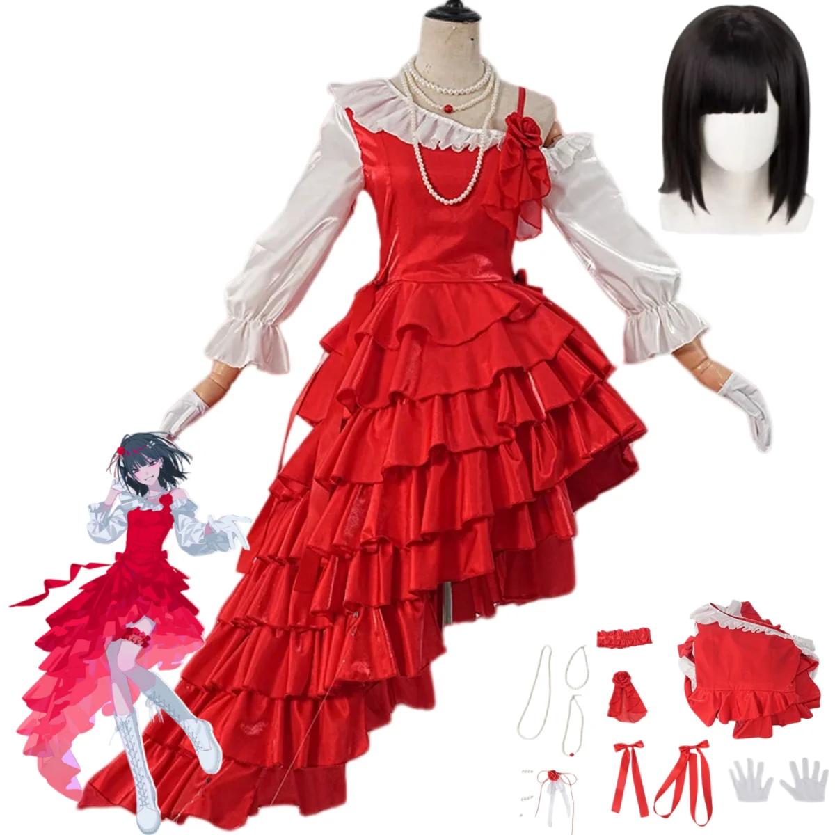 Anime Link Click Qiao Ling Rin Jo Hyorin Cosplay Costume Music Planning Red Evening Dress Wig Woman Sexy Masquerade Suit
