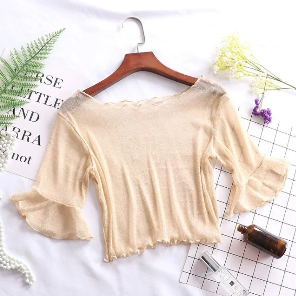 

Women T-shirt O-Neck Short Sleeve Women Elastic T-shirt Sheer Trim Crop Top Women See-through Glitter Mesh Tee Shirt Streetwear