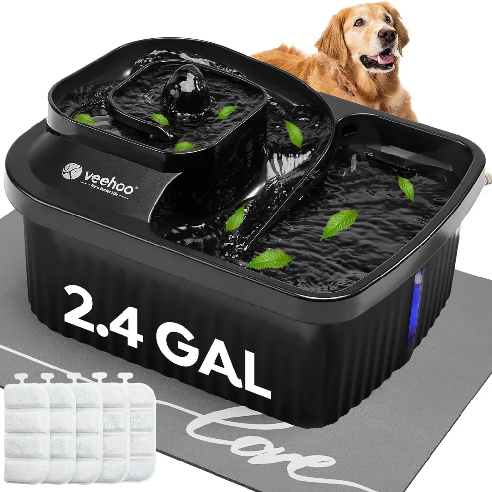 

Dog Water Fountain for Large Dogs - 2.4Gal Water Fountain with Diatomaceous Earth Mat and 5 Filters, Silent Pump & LED Indicator