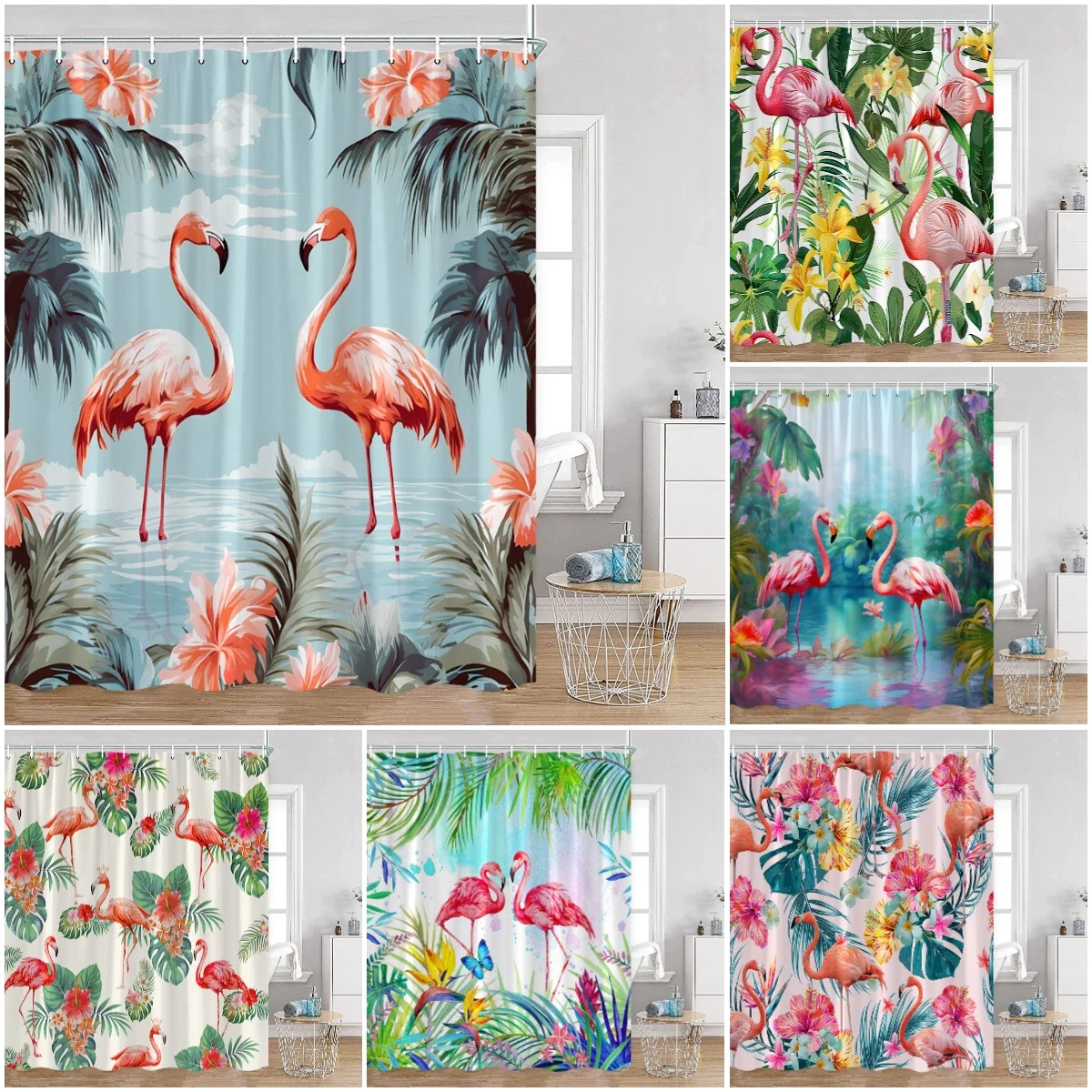 Flamingo Pink Birds Shower Curtains Tropical Palm Leaves Plants Jungle Nordic Bath Curtain Summer Vacation Fabric Bathroom Decor