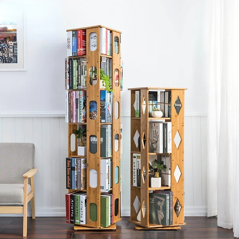 

360 Rotating Bamboo Bookshelf, Adjustable Height Display Rack, Multi-Tier Organizer for Books, Magazines, CDs, and Photo Albums