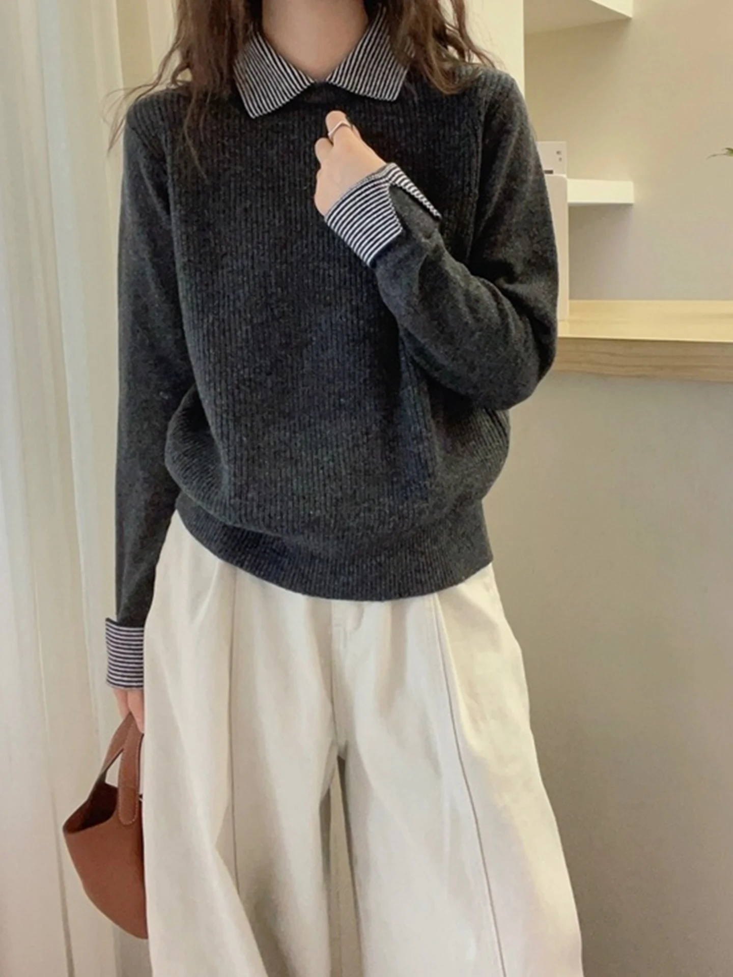 

Winter Knitted Long Sve Ne Sweater Color Blo Design Korean Sle Women's Faionable Anti-Aging Top Casual Wear