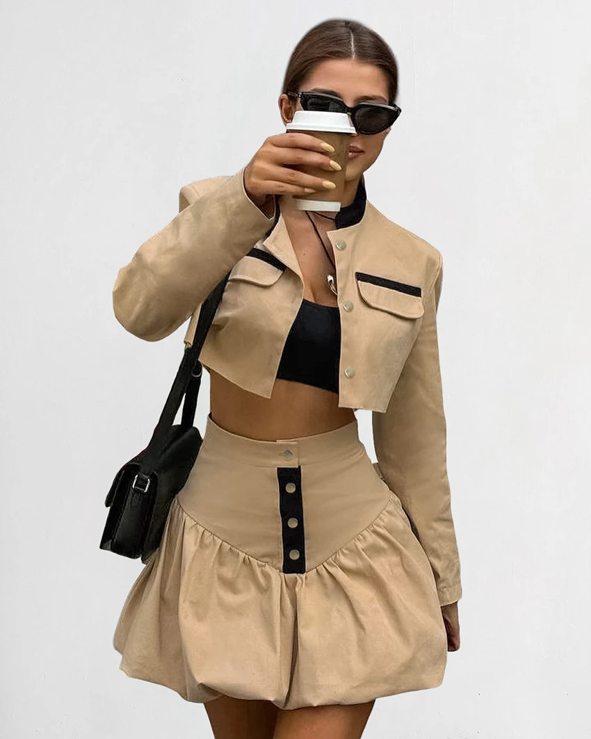 Autumn New Popular Streetwear Sexy Slim Outfits Elegant Women 2 Piece Set Button Up Crop Jackets Mini Skirts Two Piece Set