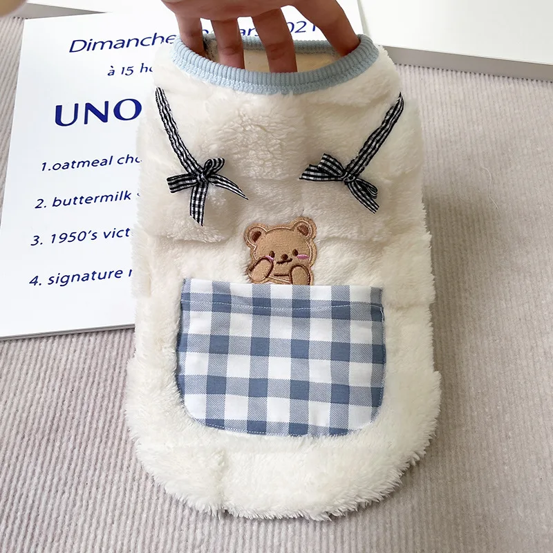 Top de felpa con bolsillo a cuadros para perro, chaleco grueso con pajarita para gato, ropa para cachorro, Otoño e Invierno