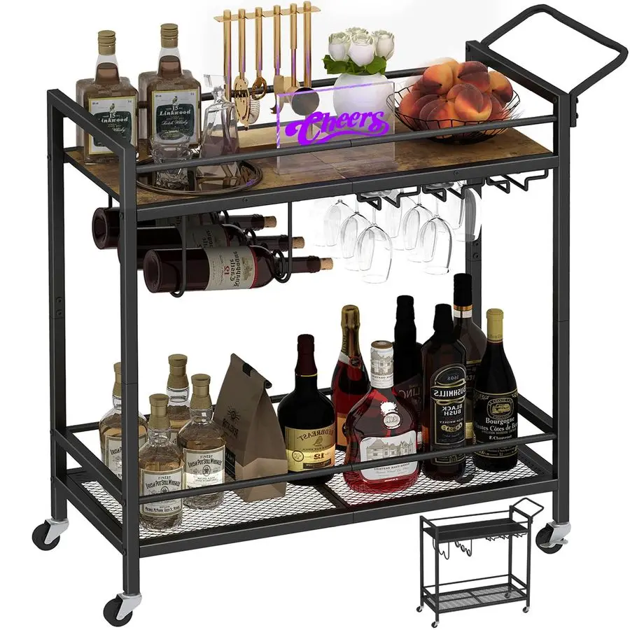 

Home Bar Serving Cart, Mobile Drink Beverage Cart with TwoColor Top Shelf, Rolling Kitchen Cart with Wine Holder and Glass Holde