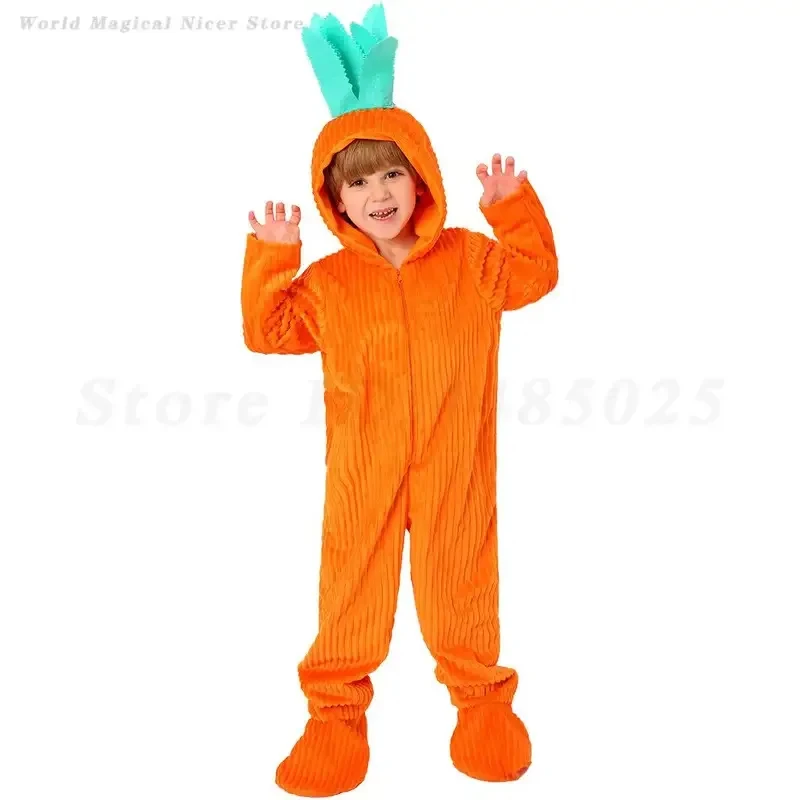 e,4;v'6\k/Funny Fruit Carrot Costume Children's Orange Jumpsuit Sleepwear Halloween Kid Carnival Party Vegetable Role 5;g'8.n/3\ view 3