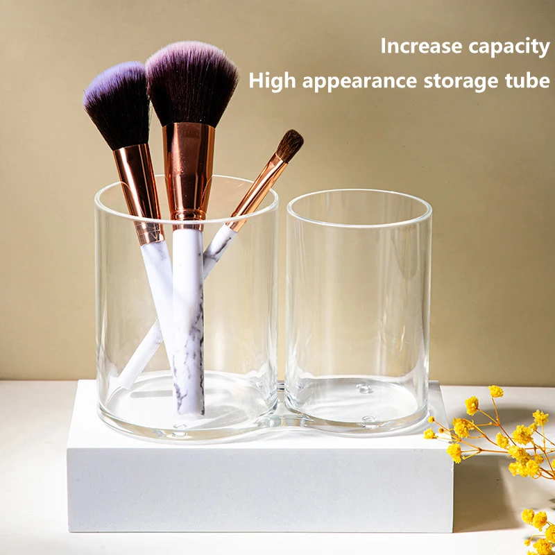 Transparent Double Hole Cup Nail Pen Makeup Brush Desktop Storage Display Tool Buffer Grinding Files Organizer Container Case