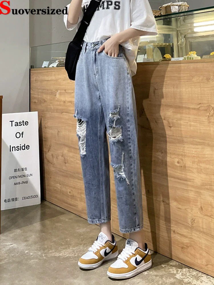 

Gradient Color Ripped Harem Jeans High Waisted Fashion Straight Loose Vaqueros Women's Vintage Korean Ankle-length Denim Pants