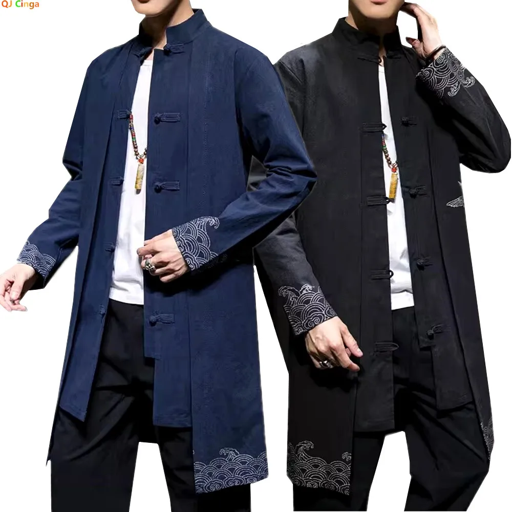 Chinese-style Men's Black Trench Coat, Dark Blue Single-breasted Stand-up Collar Long Jacket, Fashionable/ Casual/ Party Robe.