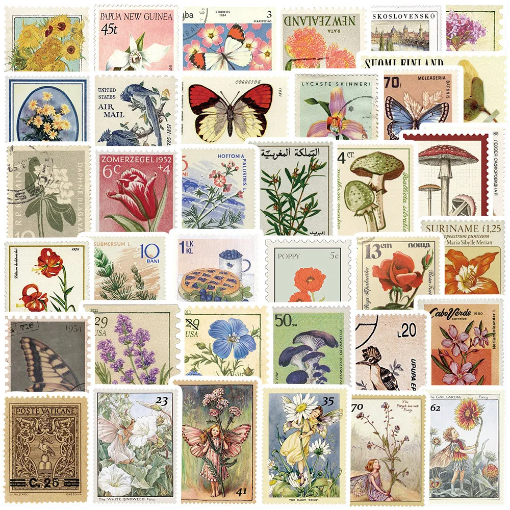 50Pcs Retro Stamp Pattern Stickers PVC Waterproof For Phone Case Luggage Notebook DIY Decor AnimeWorlds Store