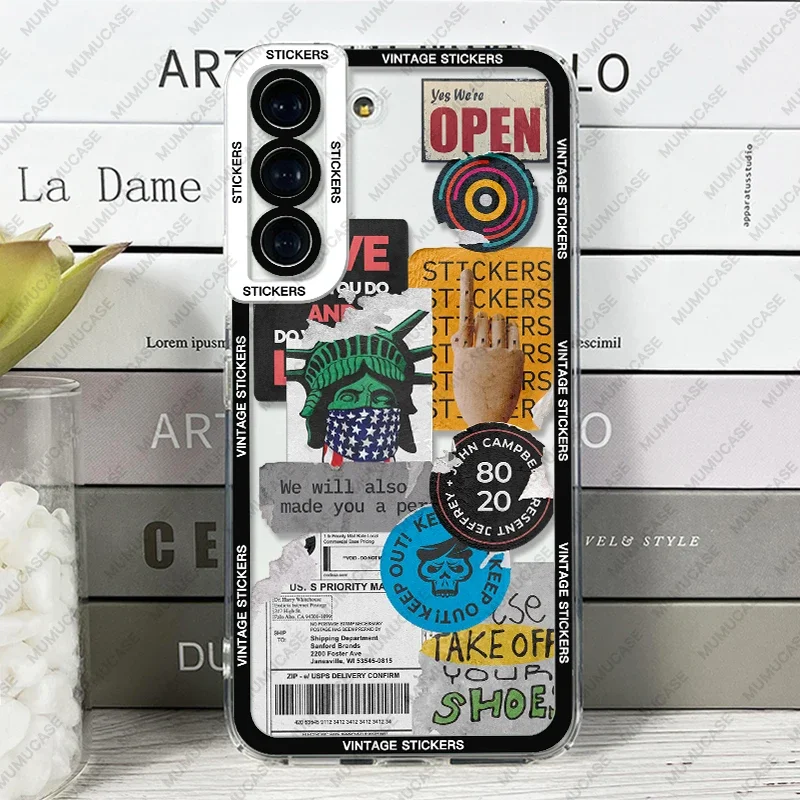 Case For Samsung Galaxy S25 S24 S20 S21 FE S22 S23 Ultra A13 A33 A50 A52 A53 A73 A54 A14 Soft Cover Old vintage stickers