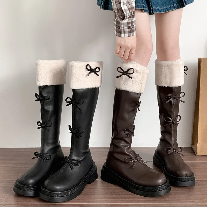 

Women's Boots Butterfly-knot High Boots Autumn Winter Platform Knee-High Boots Fashion Brown Knight Long Boot Plush Women Shoes