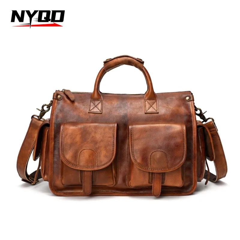 Vintage Handbag Briefcase Top Layer Plant Tanned Cowhide Casual Crossbody Men's Laptop Bag Genuine Leather Computer Bag