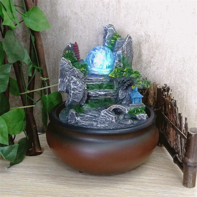 

110/220V Resin Rockery Waterscape Lucky Feng Shui Led Water Fountain Home Office Desktop Spray Humid Decoration