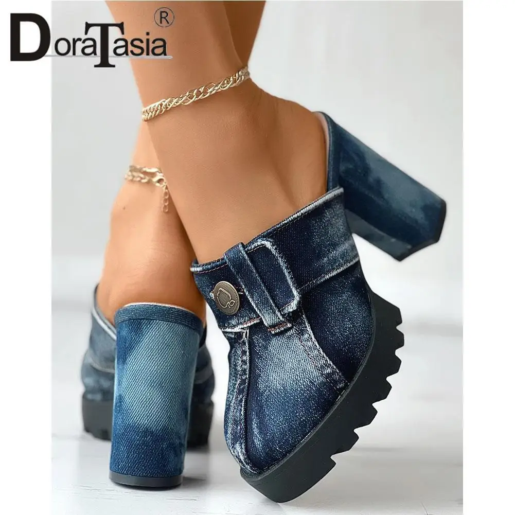 

Brand New Ladies Platform Mules Fashion Denim Button Thick High Heels Summer women's Sandals Casual Party Slipper Woman Shoes