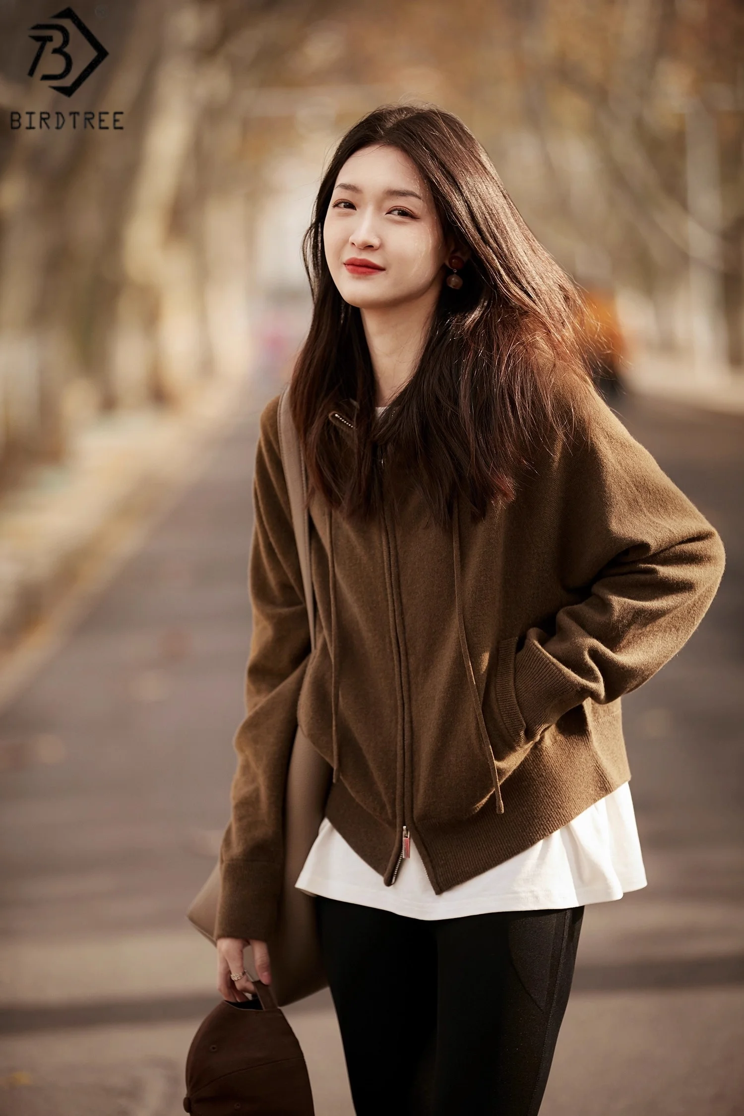 

Birdtree 90% Sheep Wool 10% Cashmere Brown Cardigan,Woman Wool Blend Full Sleeve Hooded Zipper Knit Jacket Coat T58006JF