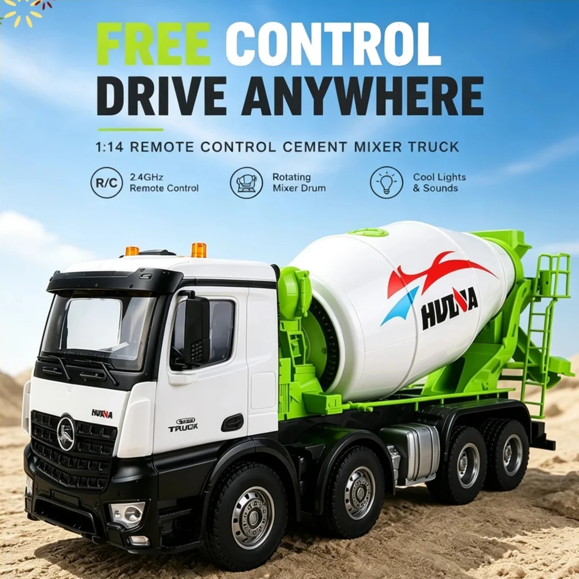Huina Cement Mixer Truck Model Simulated Engineering Vehicle Pull Back Rubber Tire With Light For Collection Display Toy