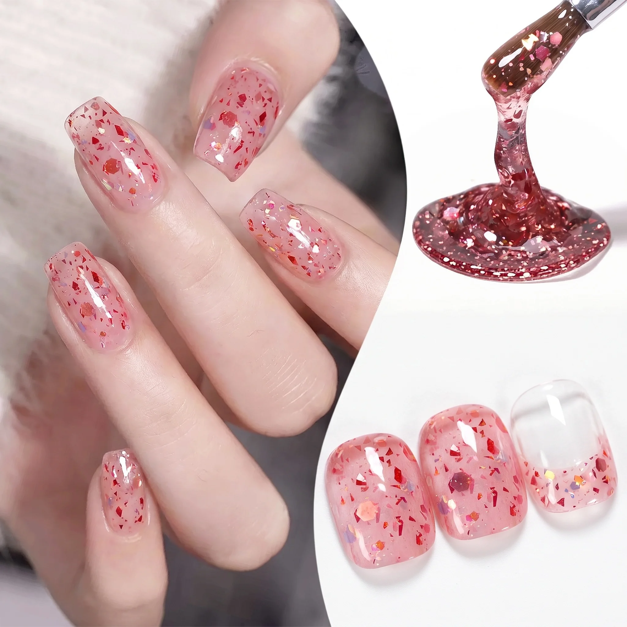 Hassleless Pink Metallic Foil Nail Polish Gel 15ml, Transparent Nude Base Pink Metallic Fragment Nail Gel, Vintage Pink Dazzling Glitter, Eye-Catching and Complexion-Enhancing Holiday Nail Art