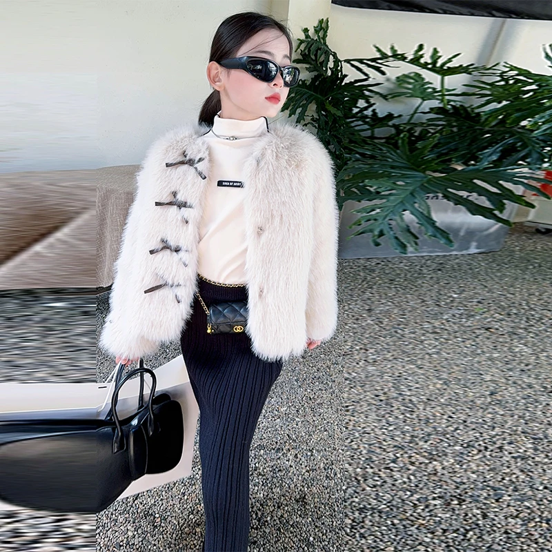 

2025 Winter New Children's Warm Cotton Coat Autumn Long Sleeve Girl's Imitation Fur Coat Plush Fox Fur Cotton Coat Jacket