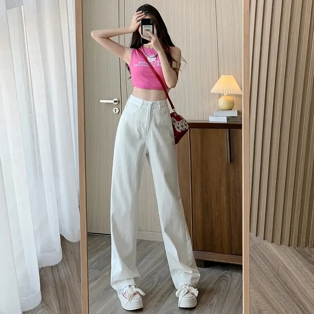 Artistic Lightweight Women Wide-legged Pants Style Solid High-Waist Design Suitable Casual White Trousers