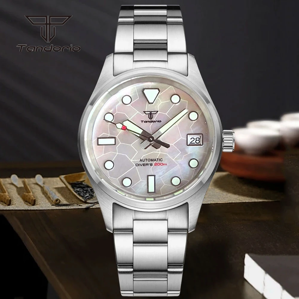 Tandorio Mother of Pearl Dial 36mm Pilot 20Bar Steel Automatic Watch for Men Lady Sapphire Crystal Date Luminous Wristwatch