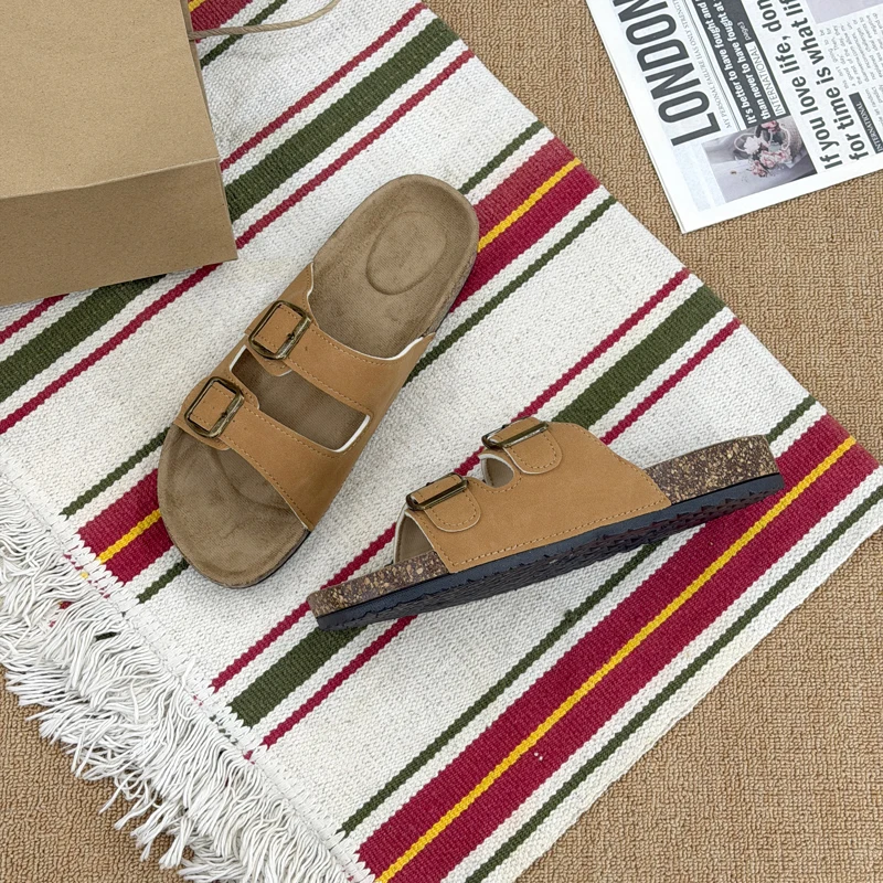 Summer Trend Cork Cool Slippers Couple Double Strap Thick Bottom Outdoor Sandals Anti slip Comfortable Flat Shoes