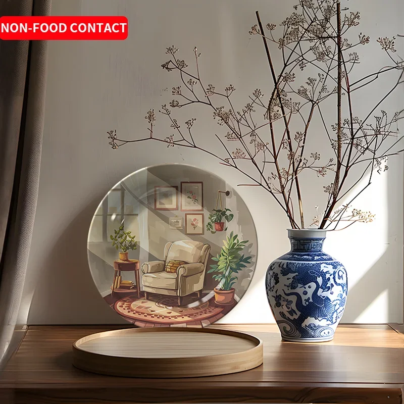 1pc Nordic Ceramic Decorative Plate - Circular Minimalist Home Decor with Scandinavian-Inspired Botanical Art, Non-Food Contact