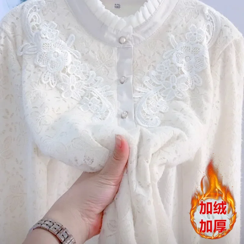 Dames nieuwe mode kanten opstaande kraag plus fluwelen basisshirt verdikt warm shirt