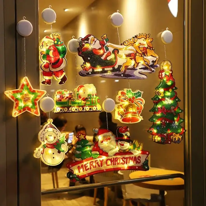 

2024 Christmas Window Hanging Lights Snowflake Santa Deer Hanging Sucker Lamp Shop Window Room Decoration LED Sucker Light