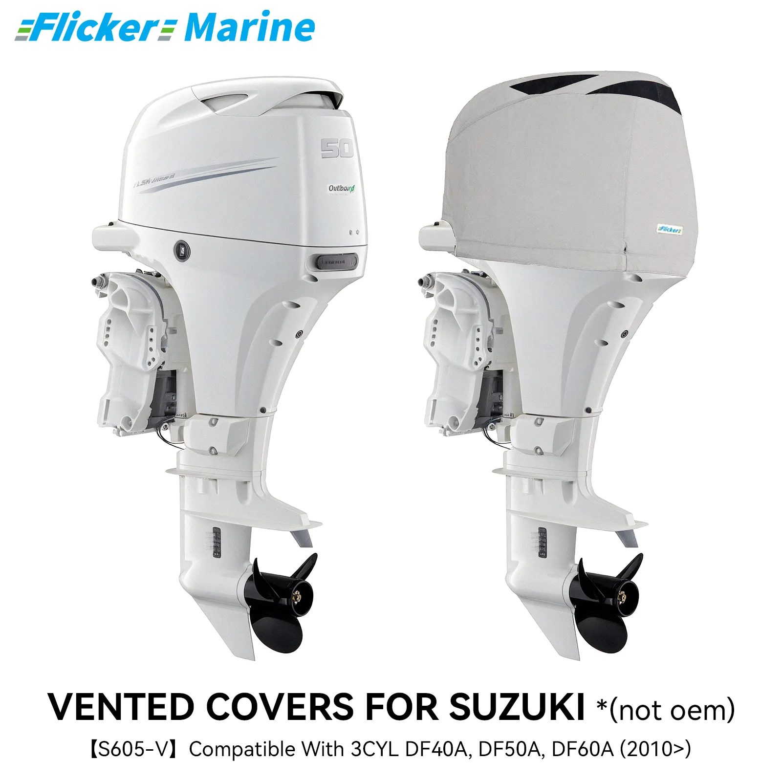 Flicker Vented Outboard Engine Cover Compatible With Suzuki DF40A DF50A DF60A, Triple Layer Marine Canvas, Fleece Lined Interior