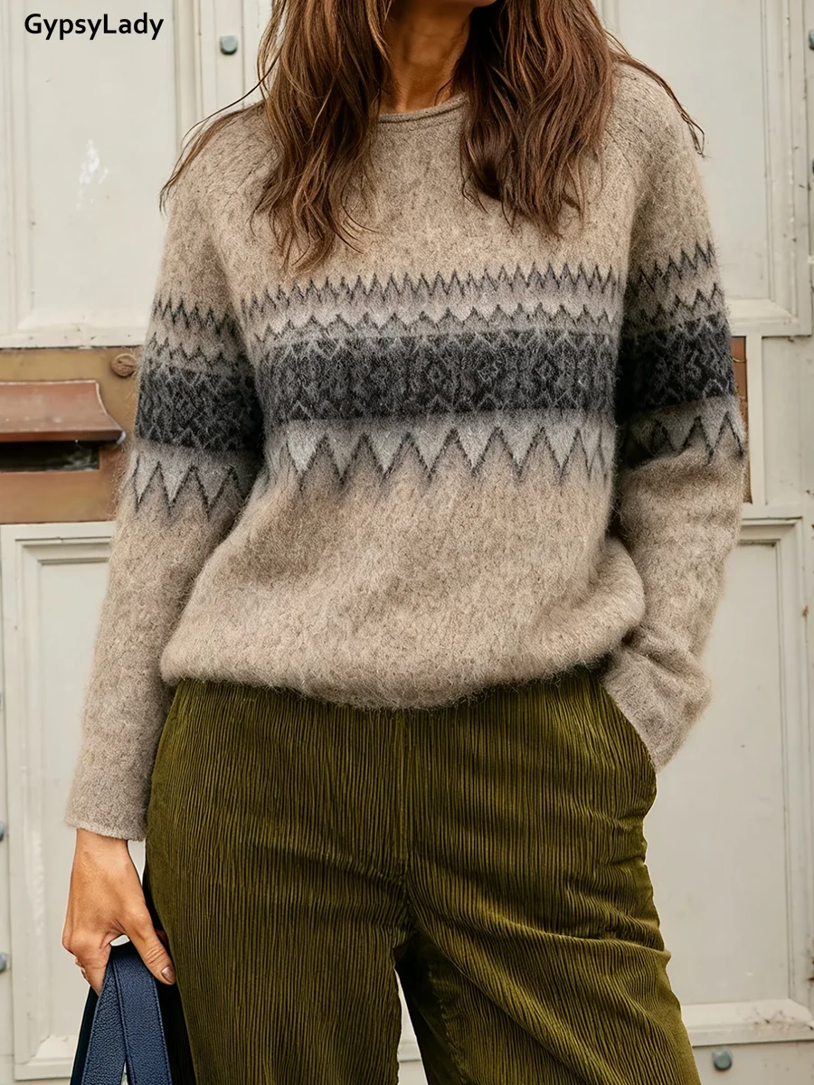 

Французский шикарный жаккардовый винтажный свитер, пуловеры, женские осенне-зимние коричневые вязаные повседневные женские топы с цветочным узором, трикотаж, новинка