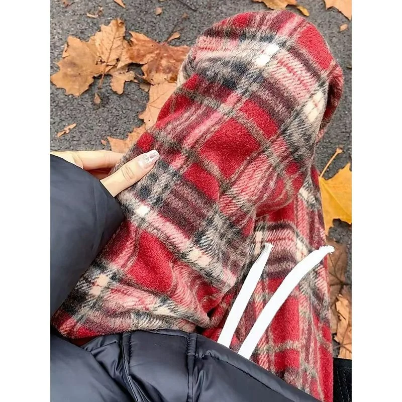 กางเกงขายาวลายสก็อตสีแดงเอวสูงทรงหลวมสบายๆ ช่วยพรางหุ่น ผ้าวูล ทรงขากว้าง สำหรับผู้หญิง ฤดูใบไม้ร่วง ฤดูหนาว