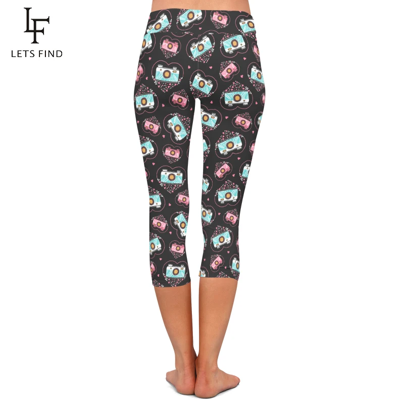 LETSFIND kobiety legginsy Capri moda wysokiej talii elastyczna kamera 3D drukuj wygodne spodnie połowy łydki 3/4 dziewczyna