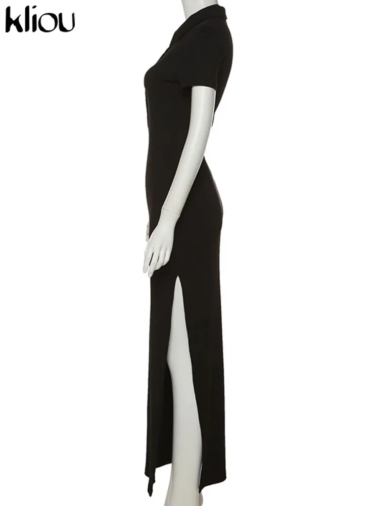 Kliou Elegante Büro Dame Maxi Kleid Frauen Solide Mode drehen-unten Kragen Kurzarm Taste Seite Schlitz Körper-gestaltung Straße Robe – Detail 3
