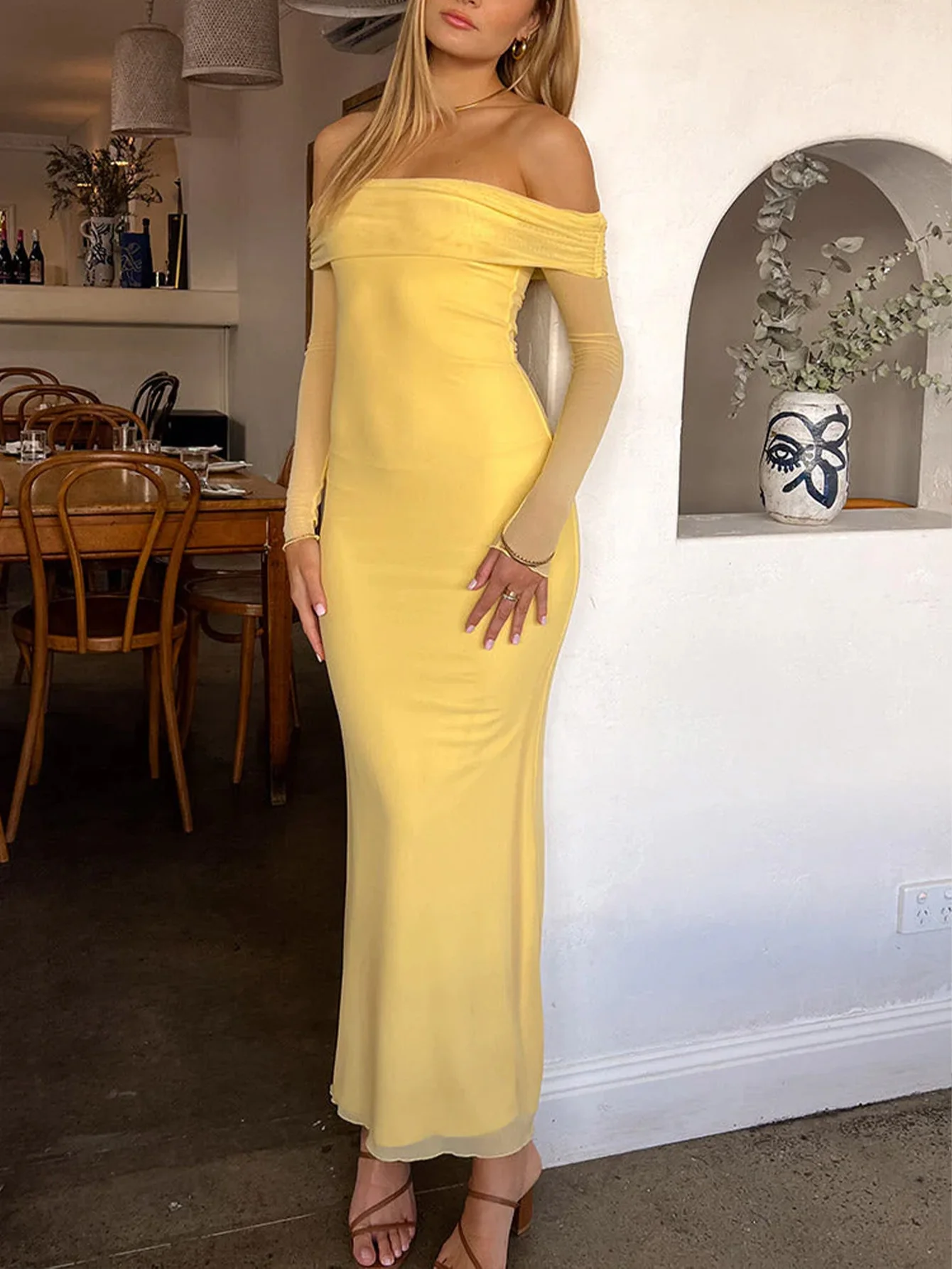 Robe de soirée pour femmes, épaules dénudées, manches transparentes, coupe ajustée, vison, style de rue, conte de fées, retour à l'école, invité de mariage, anniversaire