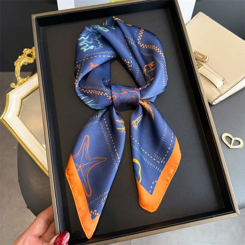 

Blue Print Silk Square Scarf Women Luxury Soft Satin Shawl Hijab Neckerchief Female Hair Ribbon Headband Fashion Wrap Bandana