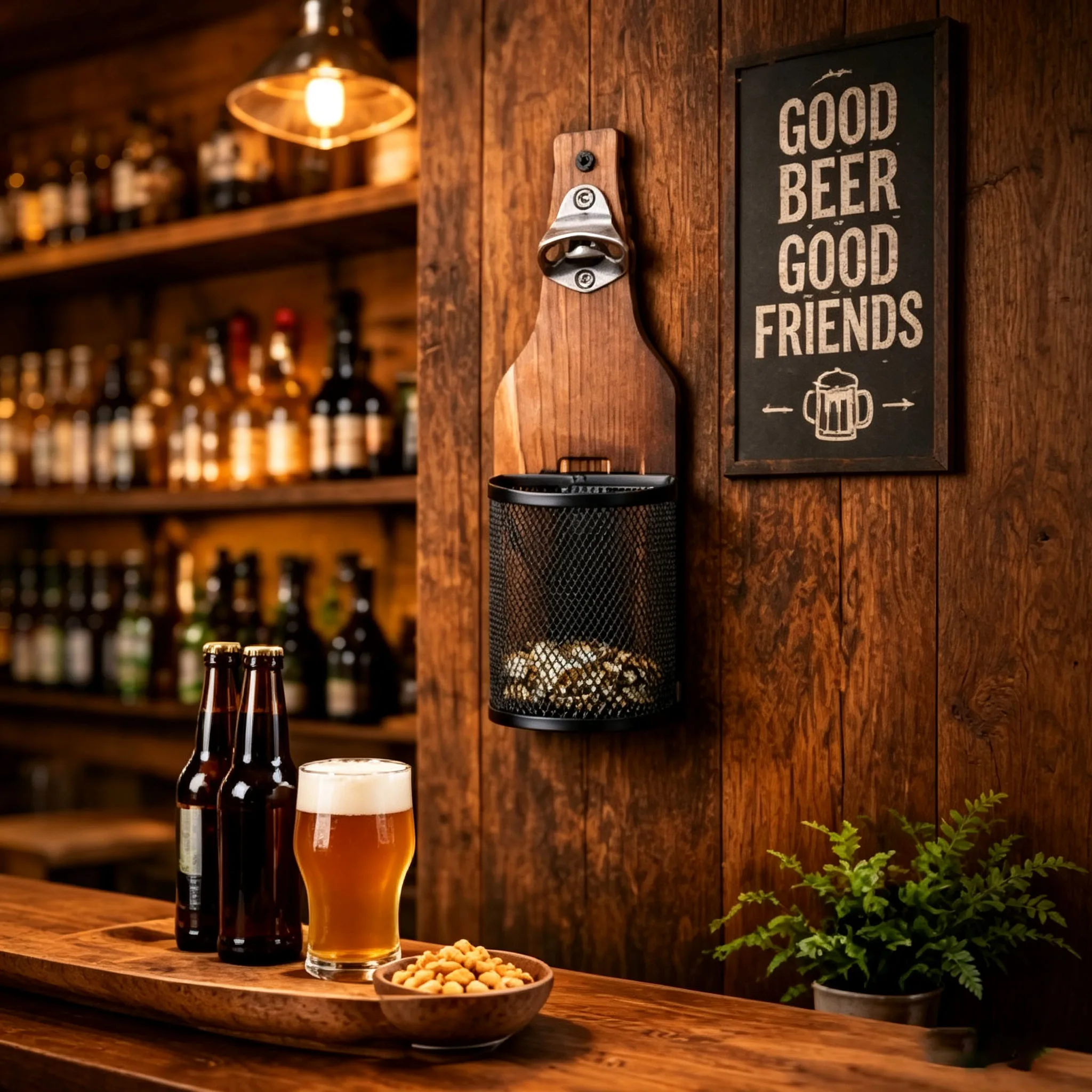 Vintage Wood Wall Beer Opener with Cap Storage Basket Retro Bar Wall Decoration for Kitchen Backyard BBQ Gift for Beer Fans 4