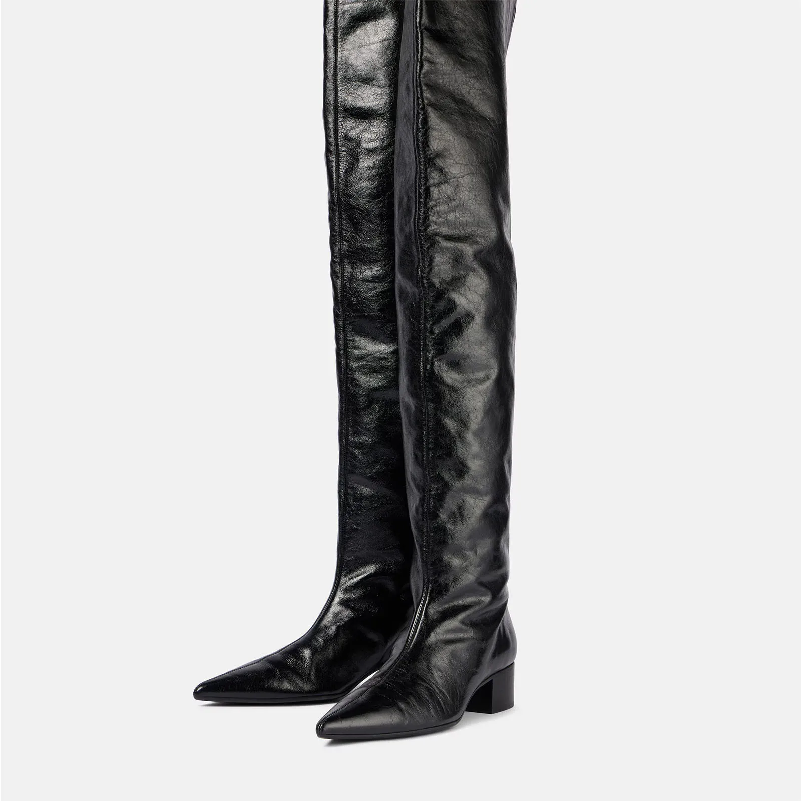 Arden Furtado Black Over the Knee Boots Pointed Toe Slip-on Middle Heel Modern Boots Modern Boots Extra Large Size Skinny Boots