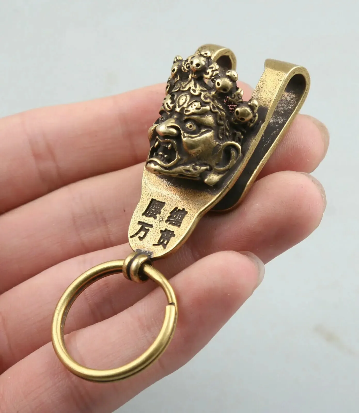 

2" Nepal Buddhism Bronze Mahakala Wrathful Deity Buddha Head Leather Belt Buckle Statue